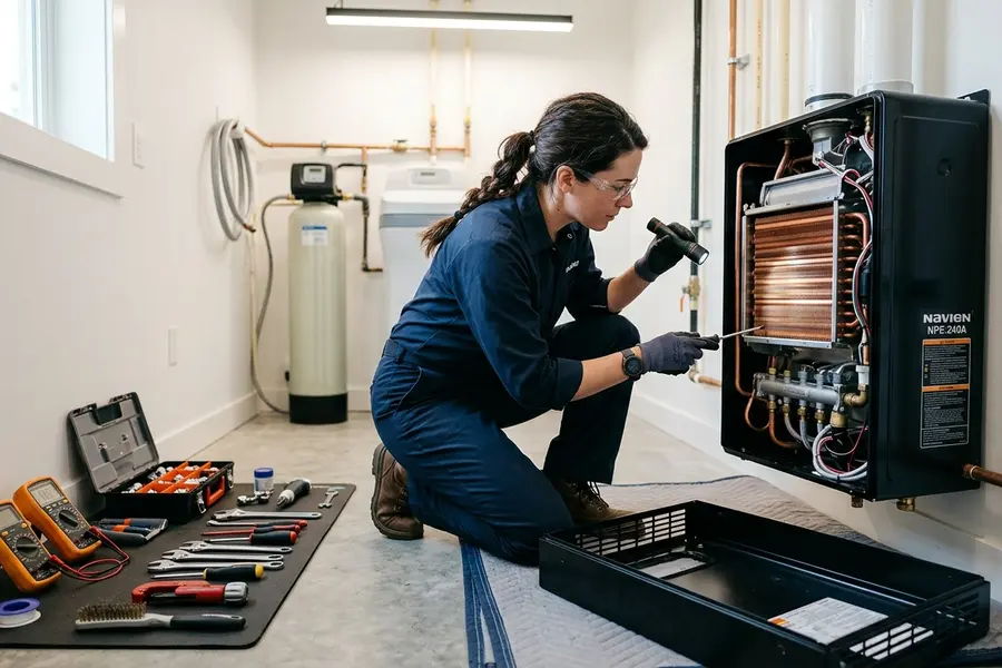 Water Heater Jockey plumber servicing a tankless water heater in Broadalbin